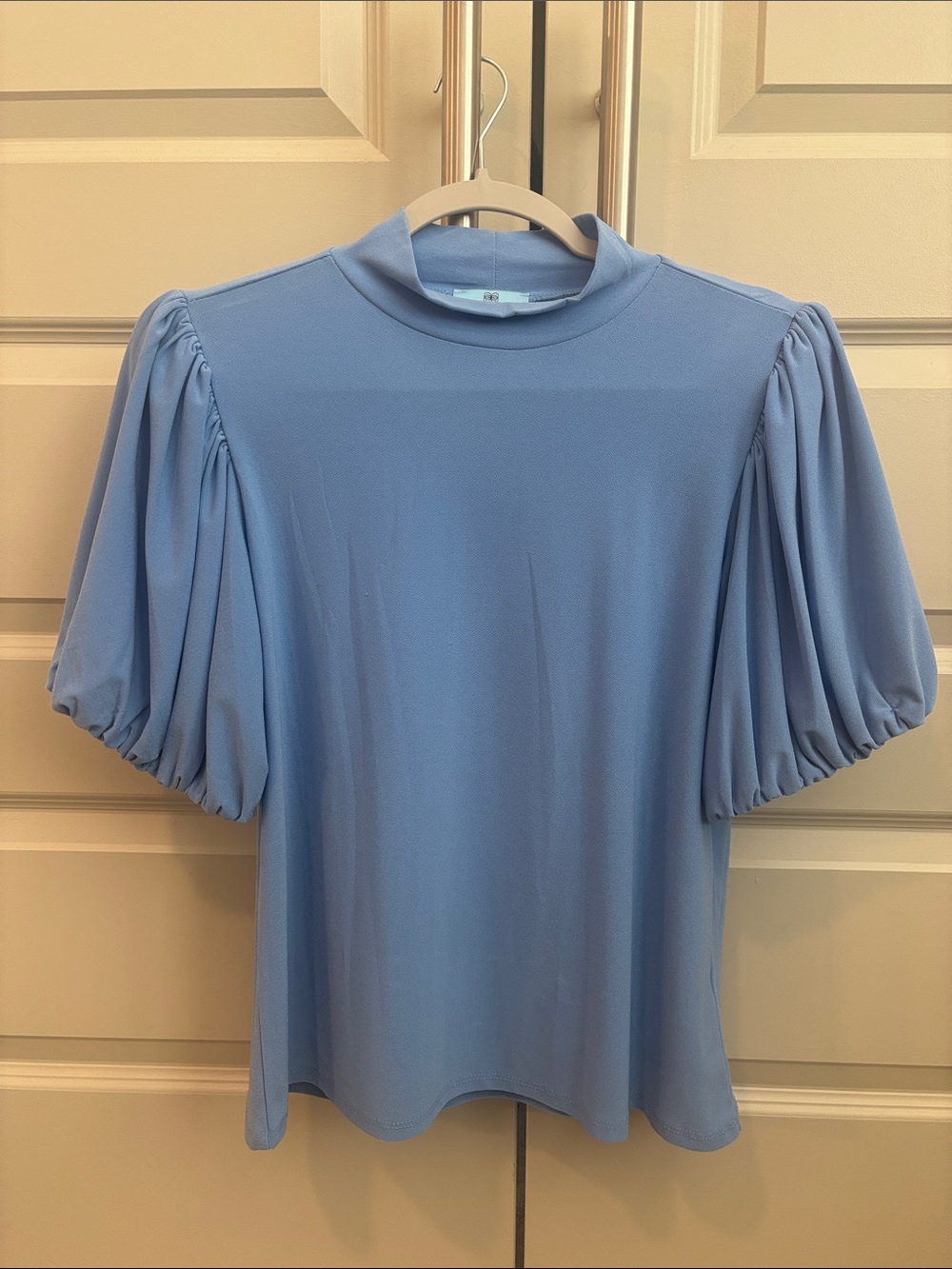 CeCe Sky Blue Puff Sleeve Mock Neck Top